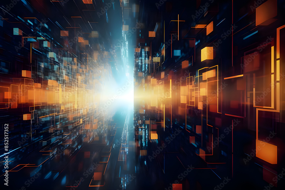 Obraz premium Digital abstract background encompasses technological operations, neural networks, data transmission, encryption, digital archives, audio and visual representations, scientific research.