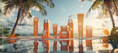Creative Advertisement of Tanning Creams on Reflective Beach Surface at Sunset for Product Highlight photo