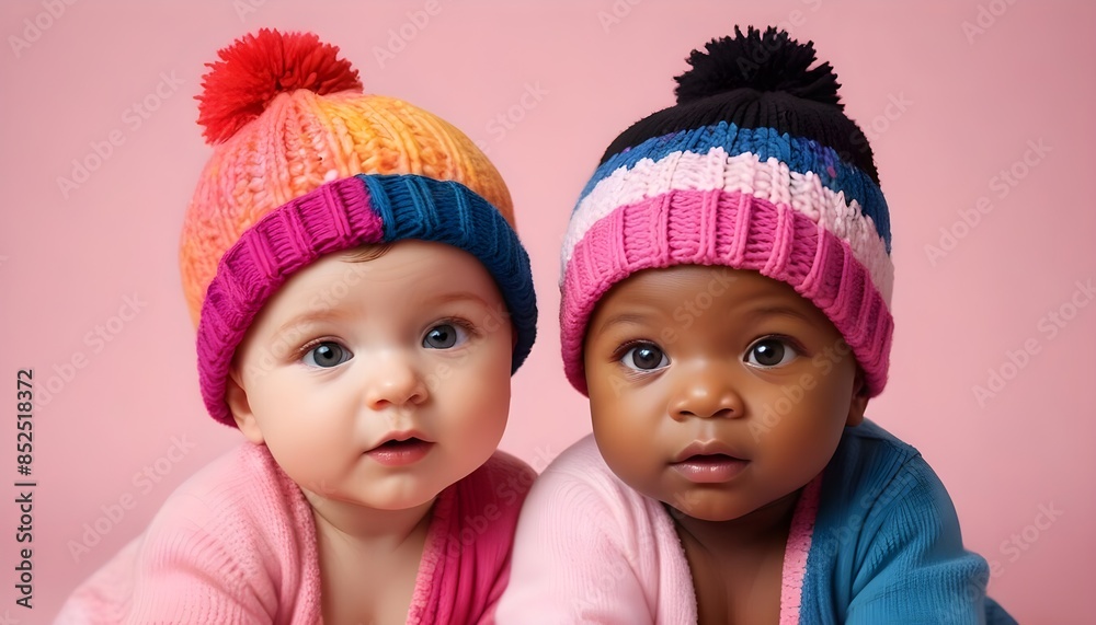 Multiethnic babies dressed in diverse colours on an isolated pink background with copy space, representing multi ethnic friendship and diversity banner poster header design Multiethnic babies dressed in diverse colours on an isolated pink background with copy space, representing multi ethnic friendship and diversity banner poster header design