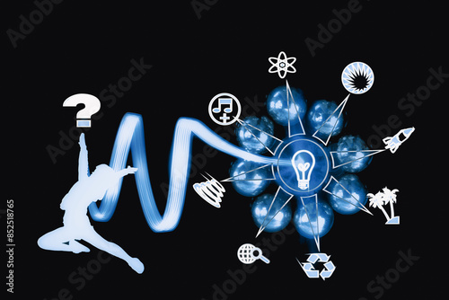Silhouette jumping towards light bulb connected with icons on black background