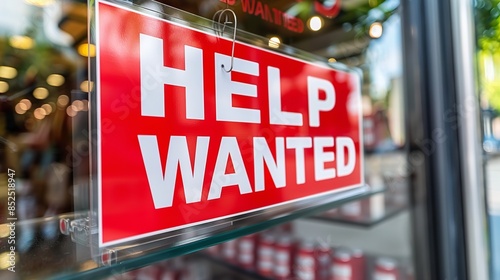 A red Help Wanted sign is displayed in a business window