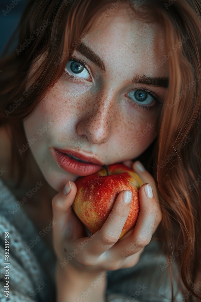 A woman hiding her identity behind an apple A woman hiding her identity behind an apple