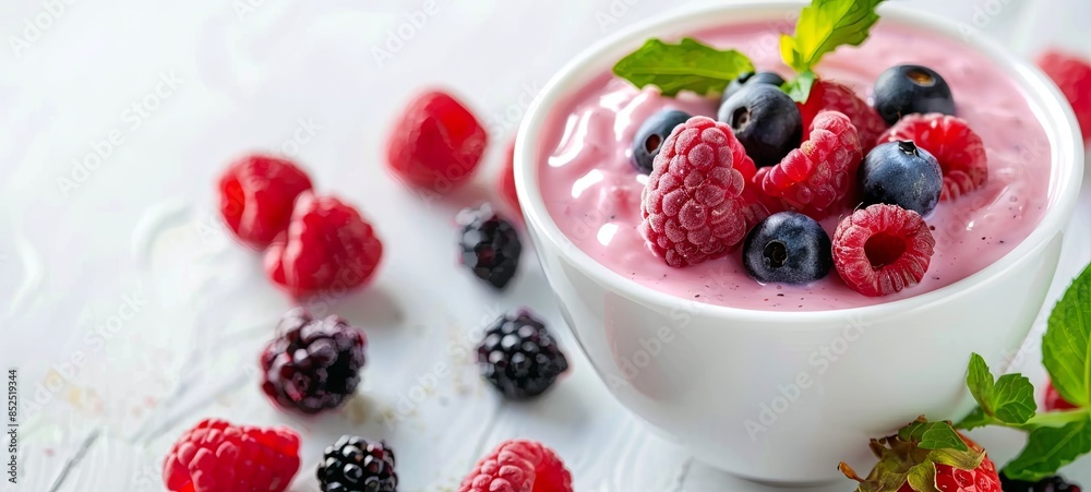 Berry-fruit yogurt and fresh ingredients on a white table, close-up Berry-fruit yogurt and fresh ingredients on a white table, close-up