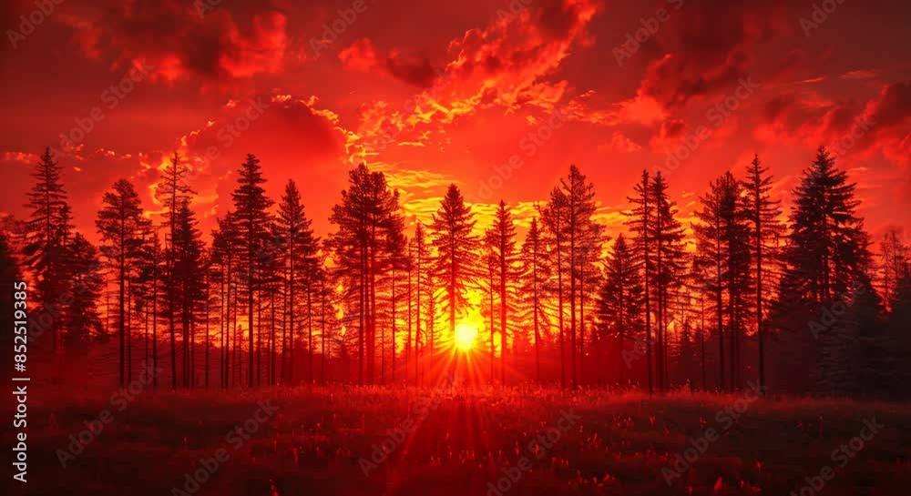 Dramatic sunset behind a silhouette of tall trees, emphasizing shape against a vibrant sky