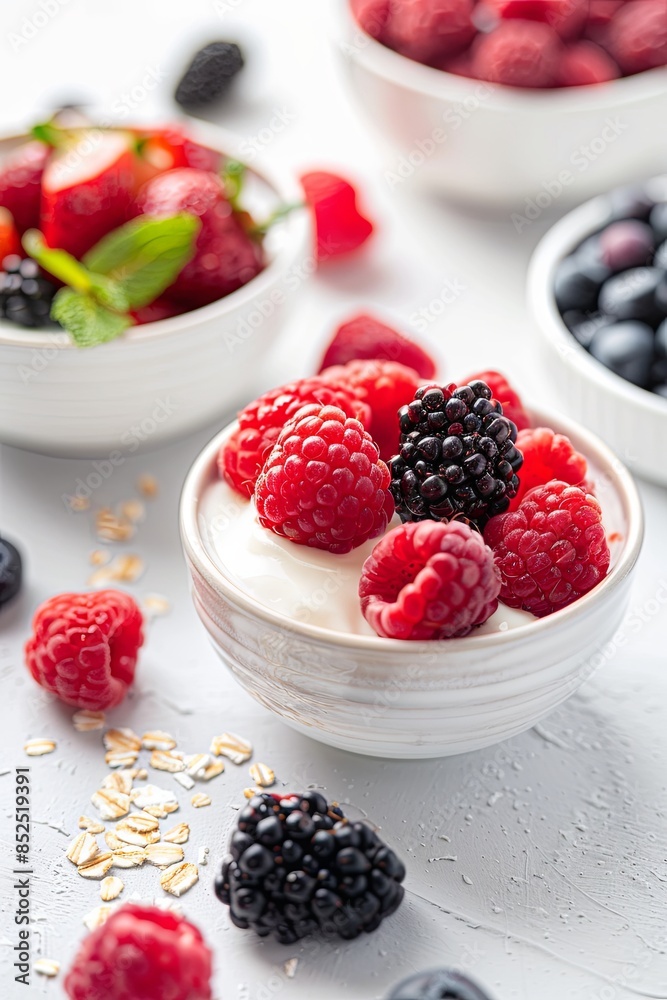 Berry-fruit yogurt and fresh ingredients on a white table, close-up Berry-fruit yogurt and fresh ingredients on a white table, close-up