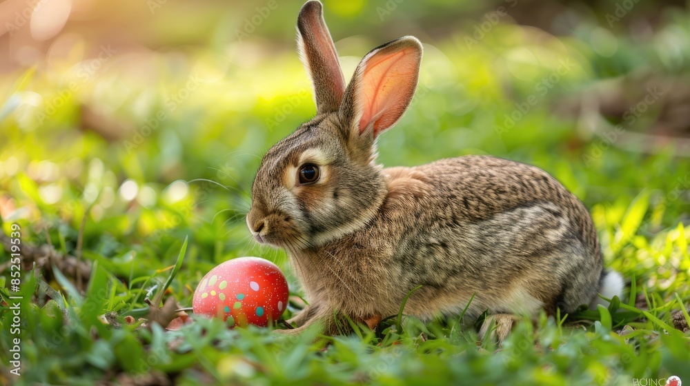 Fototapeta premium Easter Rabbit Resting on Grass with Arm around Easter Egg