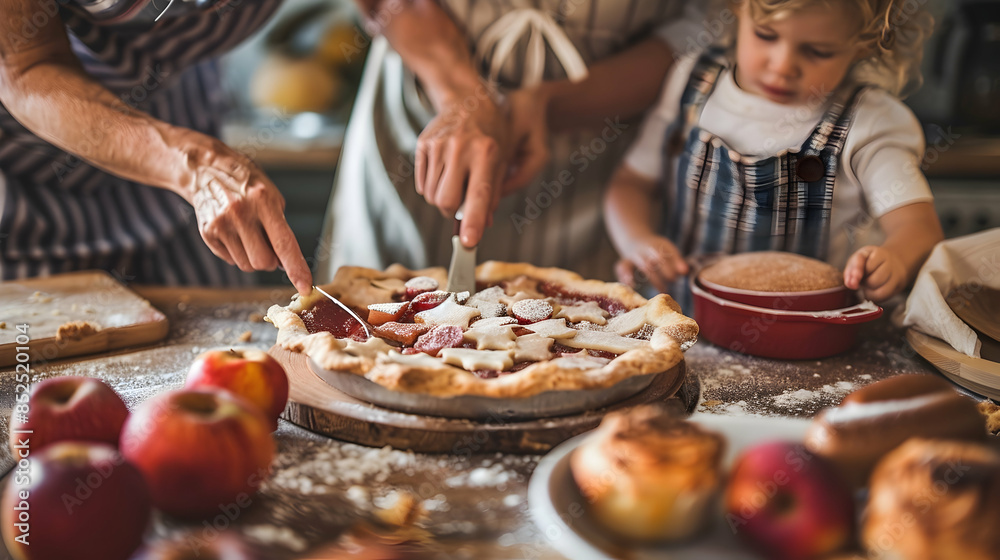 Fototapeta premium Photo of Grandma Cutting Apple Pie with Child