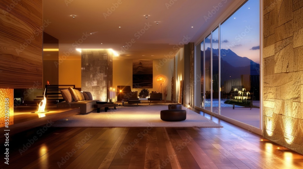 Modern Living Room with Fireplace and City View Modern Living Room with Fireplace and City View