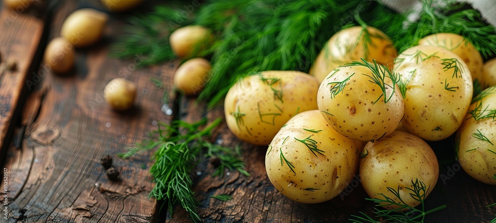 Boiled new potato with fresh dill on wooden background Boiled new potato with fresh dill on wooden background