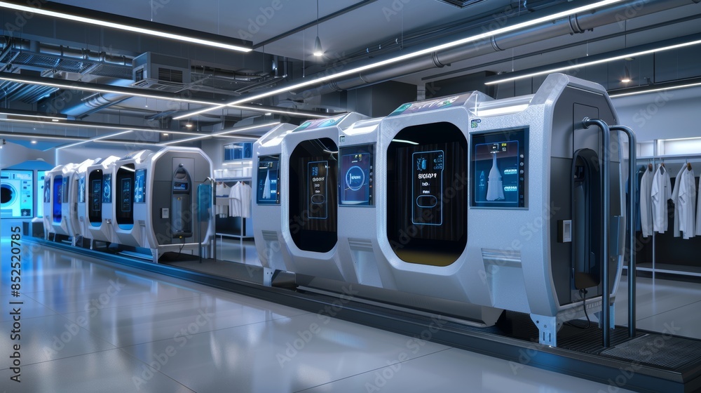 Fototapeta premium Automated Dry Cleaning Machine in Action with Digital Displays and Sleek Design
