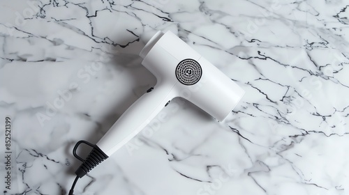 A compact travelsized hairdryer, lying on a marble surface photo