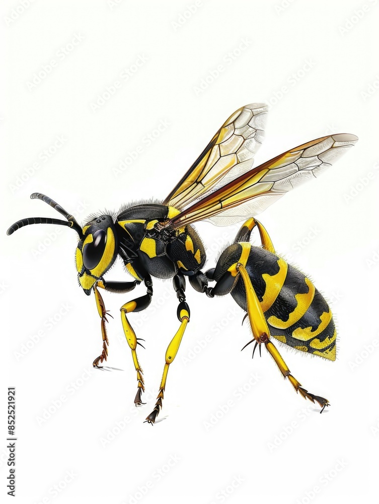 A close-up image of a wasp on a white background, suitable for use in science or nature-based contexts A close-up image of a wasp on a white background, suitable for use in science or nature-based contexts