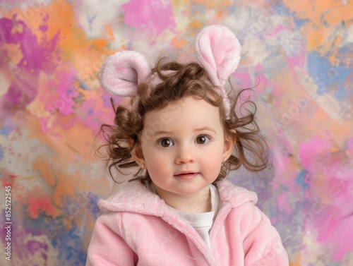 Medium shot of A little girl with a pink jacket with cute ears sitting in cute pose, waist high sot photography themed background