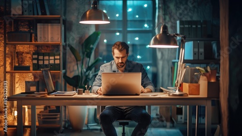 A man sitting at his desk in a dimly lit room, working on his laptop. Concept of work from home. photo