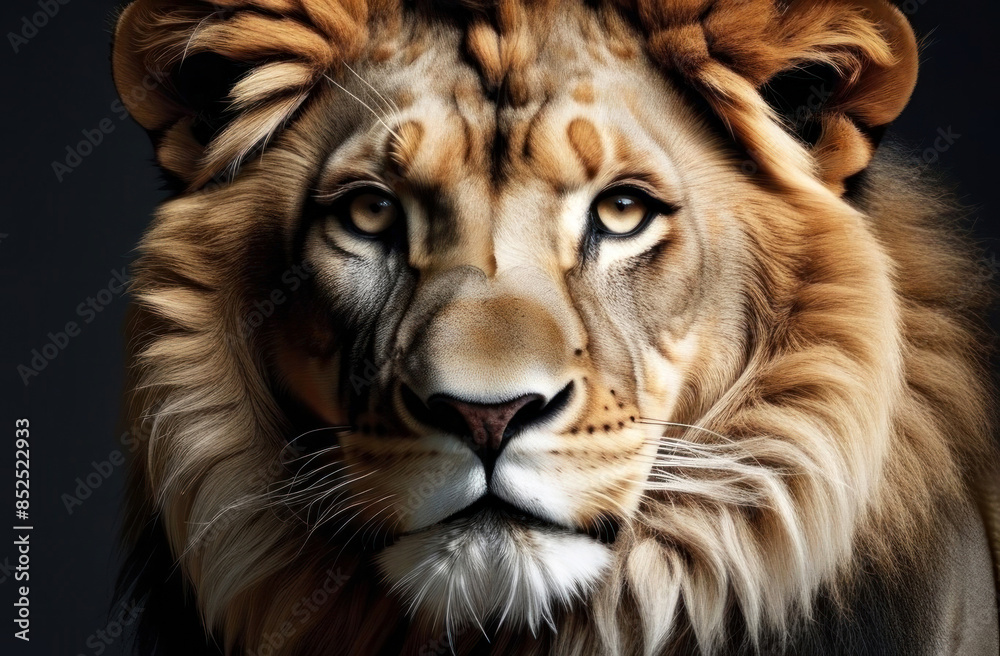 Naklejka premium Magnificent lion portrait highlighting its majestic features and piercing gaze in stunning detail