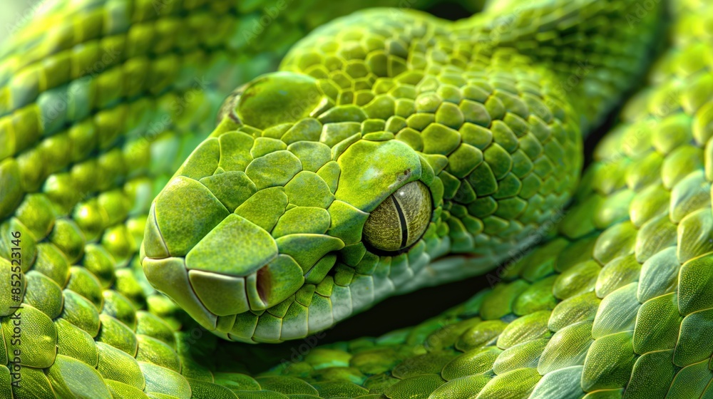 Green snake with yellow eyes close up shot. Symbol of the year 2025. Wildlife concept Green snake with yellow eyes close up shot. Symbol of the year 2025. Wildlife concept