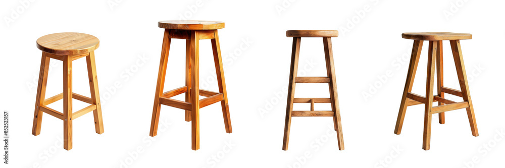 Set of Four Wooden Bar Stools Isolated on Black Background in Various Angles and Positions Set of Four Wooden Bar Stools Isolated on Black Background in Various Angles and Positions