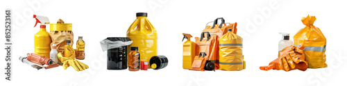 Industrial Safety Equipment Collection Featuring Various Protective Gear and Containers in Yellow and Orange photo