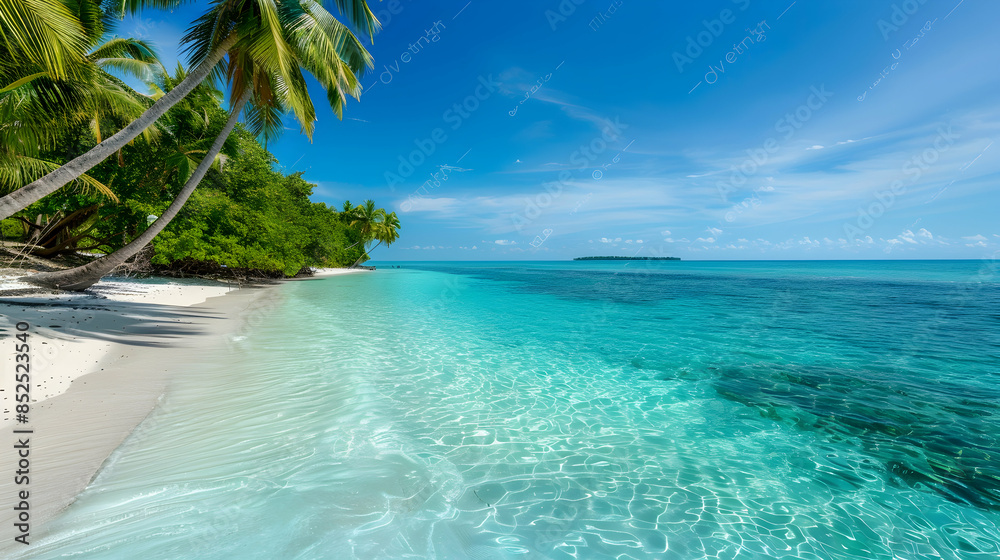 Fototapeta premium Tropical Beach Scene with Palm Trees and Clear Blue Water - Photo
