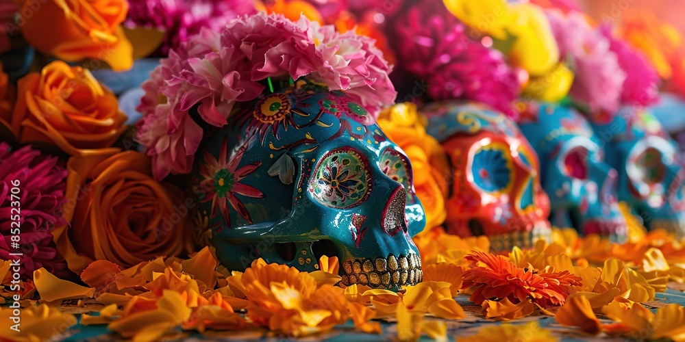 A close-up shot of a skull with colorful flowers surrounding it A close-up shot of a skull with colorful flowers surrounding it