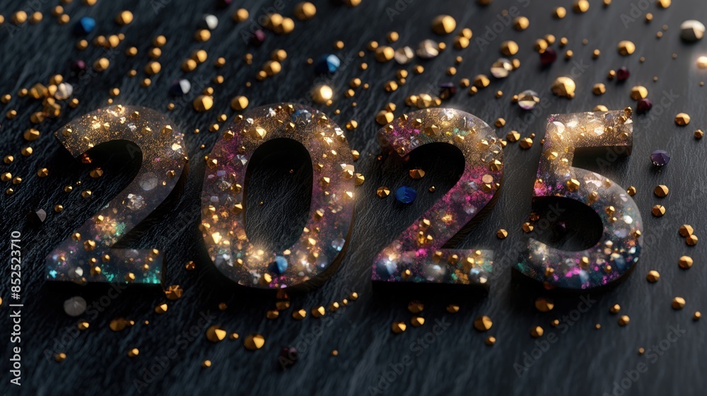 Numbers 2025 encrusted with precious stones on a black background. Happy New Year greeting card. New Year concept Numbers 2025 encrusted with precious stones on a black background. Happy New Year greeting card. New Year concept