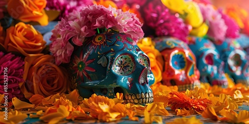 A close-up shot of a skull with colorful flowers surrounding it © Michael