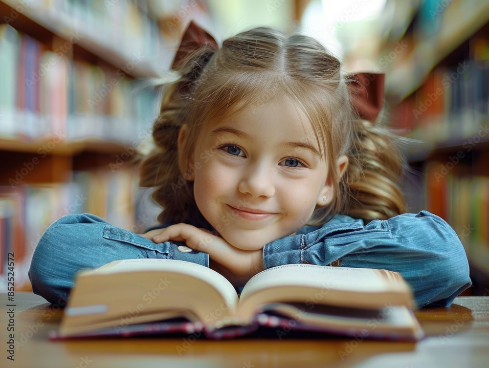 A young girl sits at a table in a library, focused on her book A young girl sits at a table in a library, focused on her book