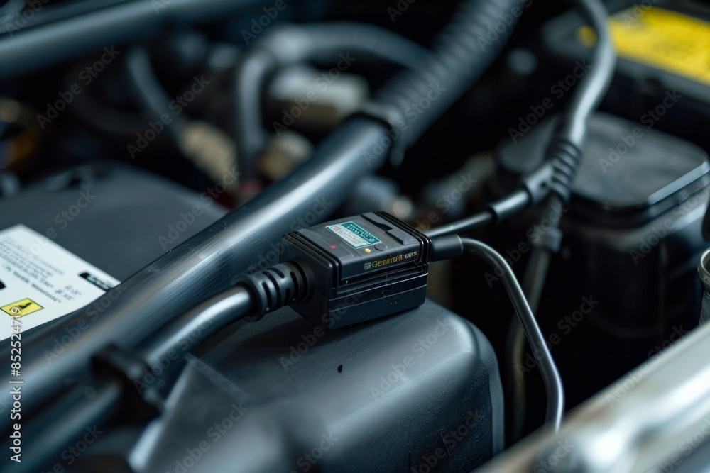 Real-Time Car Diagnostic Tool Connected to OBD II Port for Vehicle Maintenance and Data Reading Real-Time Car Diagnostic Tool Connected to OBD II Port for Vehicle Maintenance and Data Reading