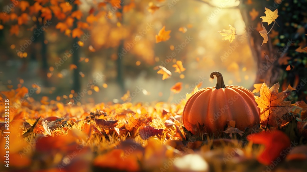 Pumpkin in sunny fall park with falling leaves. Autumn Halloween background Pumpkin in sunny fall park with falling leaves. Autumn Halloween background