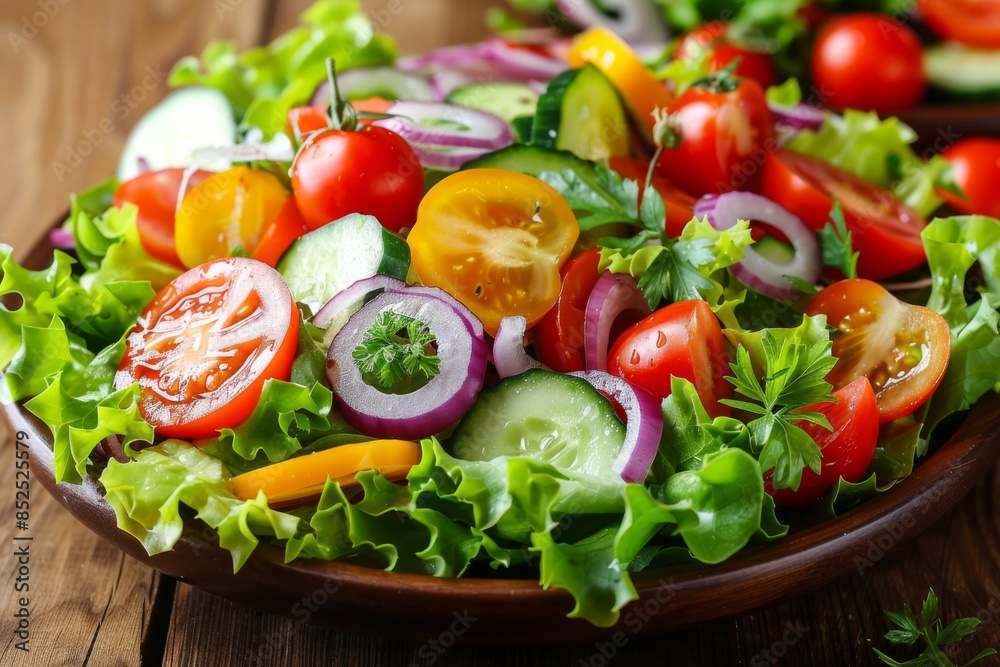 Fresh Vegetable Salad in Wooden Bowl Fresh Vegetable Salad in Wooden Bowl