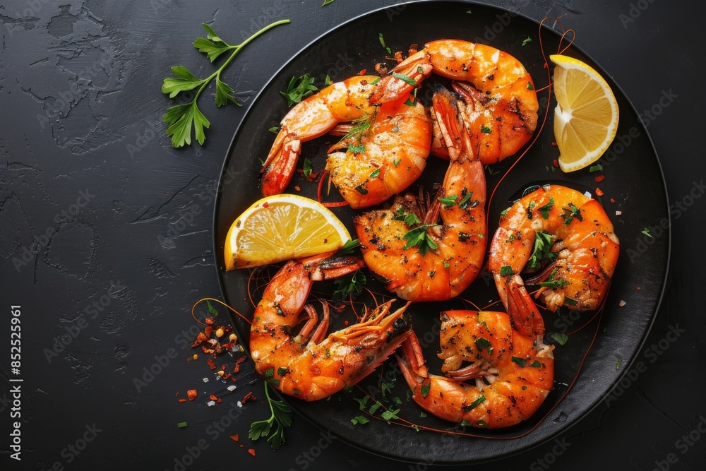 Grilled Shrimp with Lemon and Herbs on Plate