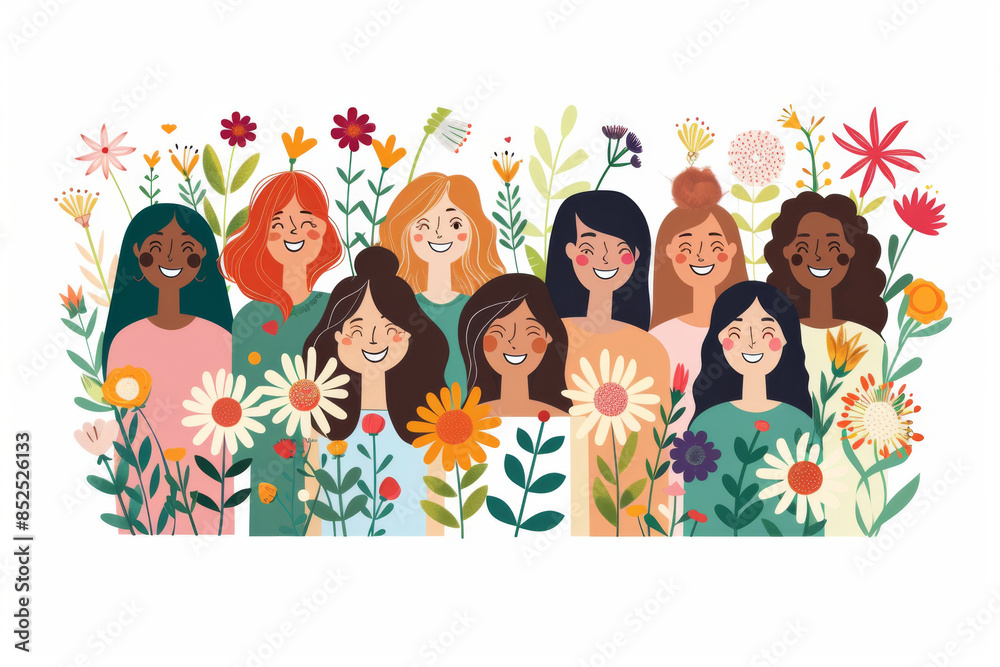 flat illustration of a group of women smiling, surrounded by flowers isolated on white background flat illustration of a group of women smiling, surrounded by flowers isolated on white background