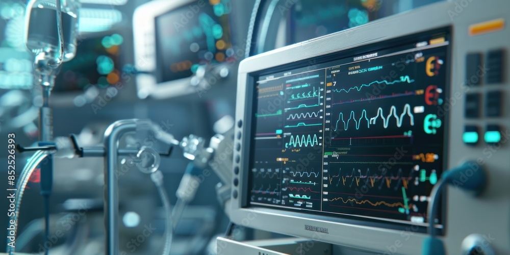 Close-up of Hospital device with monitor Monitoring medical healthcare system at modern hospital. Close-up of Hospital device with monitor Monitoring medical healthcare system at modern hospital.