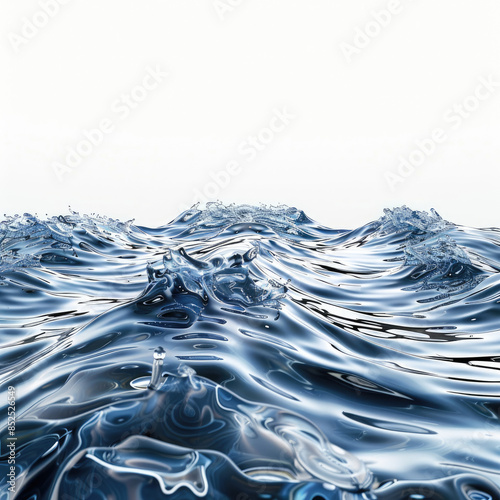 3D image of flowing, flowing, transparent water close-up, isolated on a white background. Concept, illustration, decor.