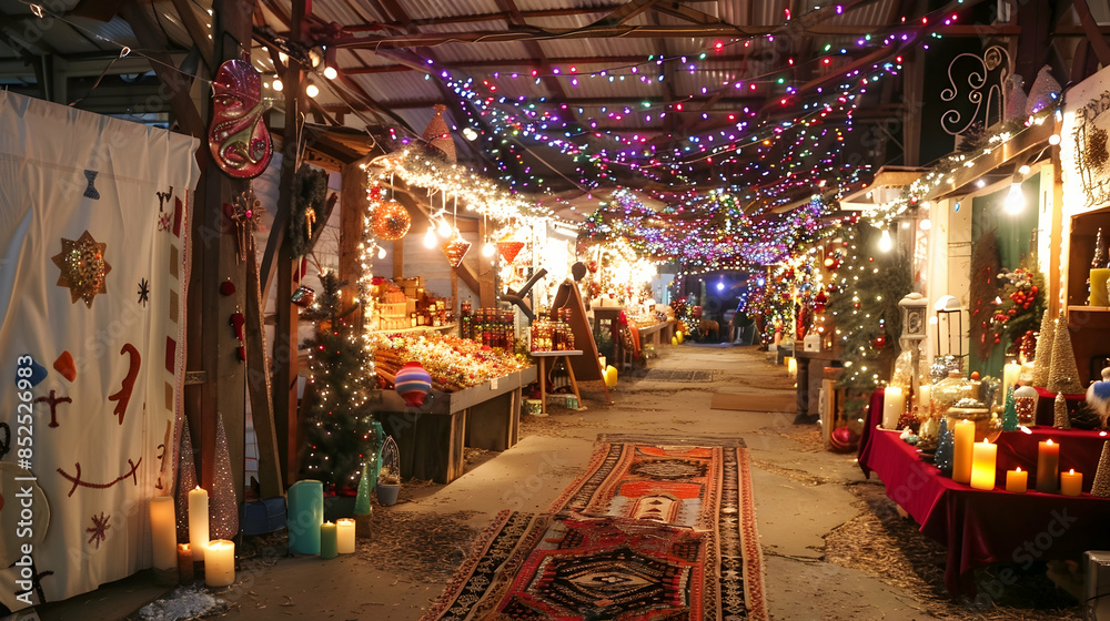 Christmas Market Stall with Lights and Decorations - Photo Christmas Market Stall with Lights and Decorations - Photo