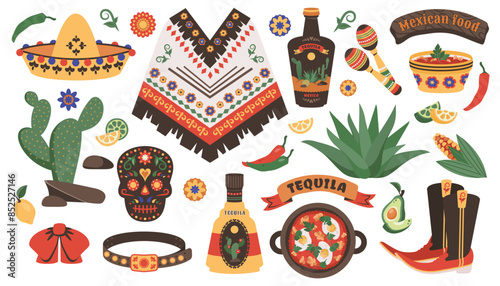 Mexican set. Cartoon elements of mexican culture. Traditional food, hat, skull, guitar, kitchen. Hand drawn doodle stickers. Vector illustration for decorations party, carnival, holiday, Cinco de Mayo