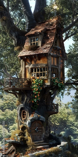 A fantasy tree house nestled in the branches of a giant tree © Du