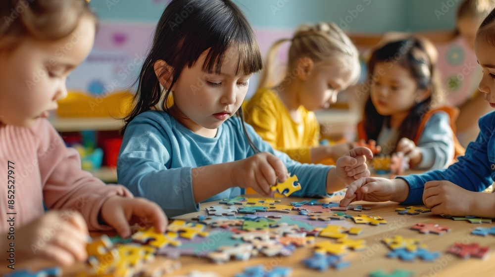 Diverse group of children playing with puzzles at a table in kindergarten. Diverse group of children playing with puzzles at a table in kindergarten.