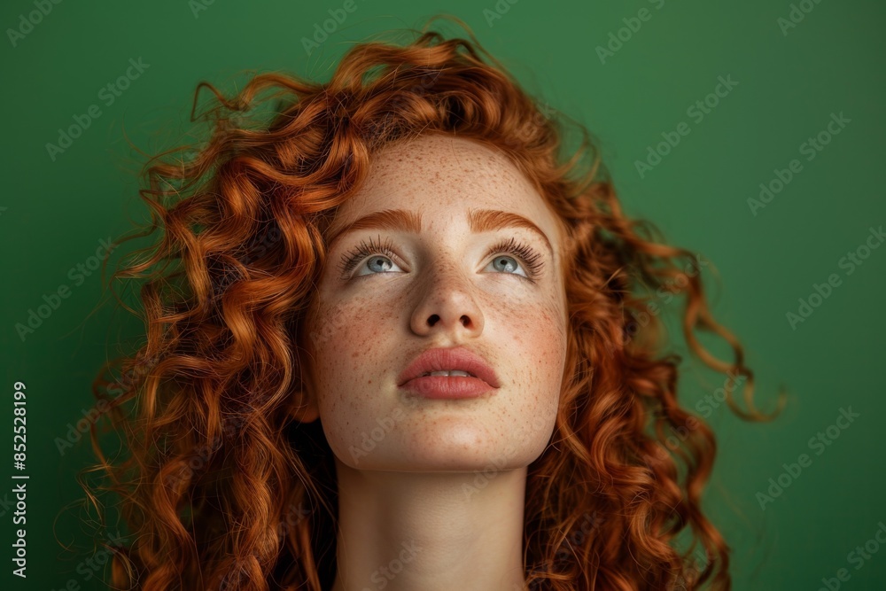 Portrait of a freckled redhead woman looking upwards Portrait of a freckled redhead woman looking upwards