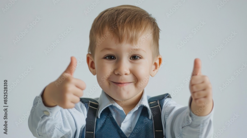 Happy smiling boy with thumbs up on a white background. A child from elementary school in uniform. First day at elementary school, Back to school concept. Happy smiling boy with thumbs up on a white background. A child from elementary school in uniform. First day at elementary school, Back to school concept.
