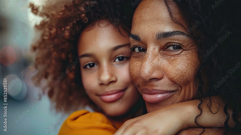 Close-up of a smiling black mother and daughter hugging Close-up of a smiling black mother and daughter hugging