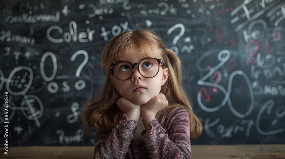 Little girl in glasses thinking about an idea with question marks around it on blackboard background. Little girl in glasses thinking about an idea with question marks around it on blackboard background.