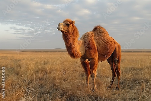 A Bactrian camel standing in the Gobi Desert, its thick, shaggy coat and two humps adapted to the harsh, arid environment.  photo