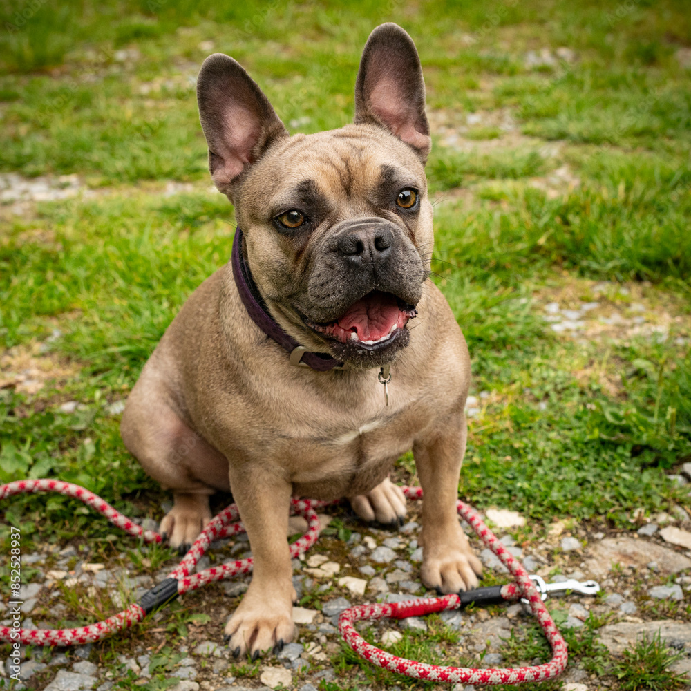 cute looking female french bulldog happily plays with the leash in nature cute looking female french bulldog happily plays with the leash in nature