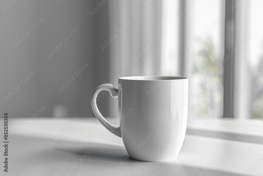 white mug against of blurred window background. mock up, blank cup for your design. space for your text, image and logo white mug against of blurred window background. mock up, blank cup for your design. space for your text, image and logo