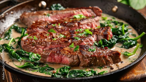 Beef steak slices served with spinach in a creamy sauce