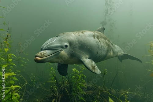 A Baiji river dolphin swimming in the murky waters of the Yangtze River, its elongated beak and graceful movements captured underwater. 