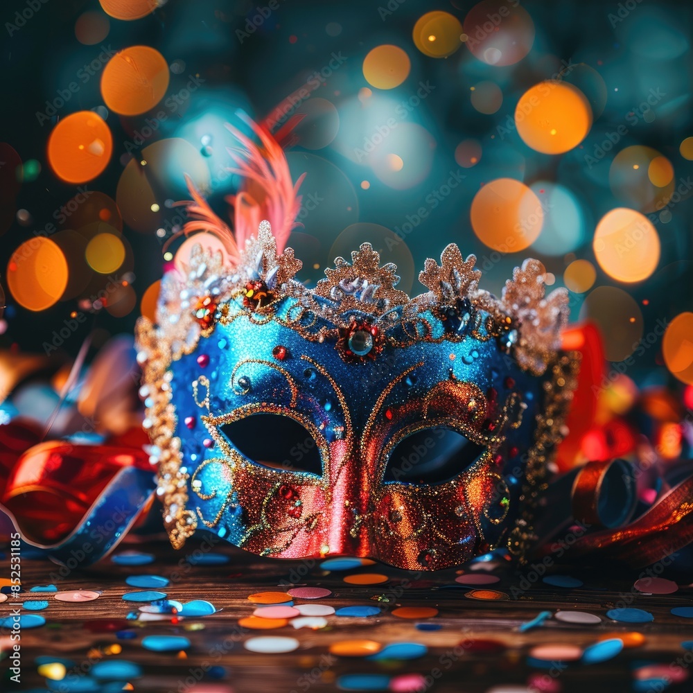 Brazilian Carnival Mask on a Table with Confetti: Vibrant and Festive Celebration Scene Brazilian Carnival Mask on a Table with Confetti: Vibrant and Festive Celebration Scene