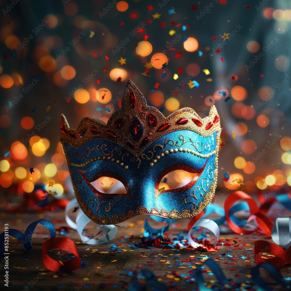 Brazilian Carnival Mask on a Table with Confetti: Vibrant and Festive Celebration Scene Brazilian Carnival Mask on a Table with Confetti: Vibrant and Festive Celebration Scene