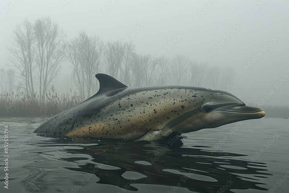 Obraz premium A Baiji river dolphin swimming in the murky waters of the Yangtze River, its elongated beak and graceful movements captured underwater.